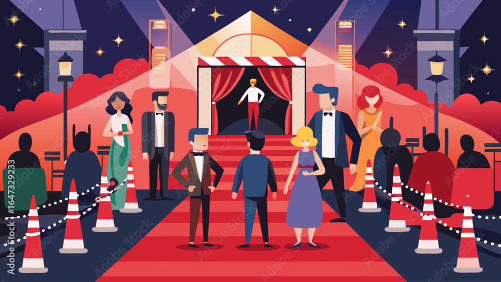 Poster a man stands on a red carpet in front of a crowd of people. he is dressed in a tuxedo and is the cen