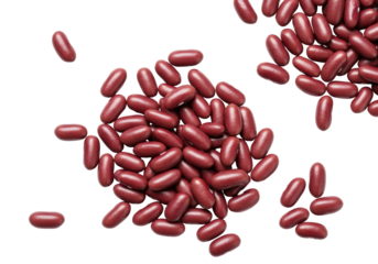 Whole raw red kidney beans, deep maroon, scattered on transparent surface with copy space, soft diffused top lighting, concept of wholesome natural nutrition