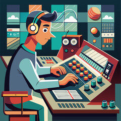 A man is sitting at a desk with a keyboard and a computer. He is wearing headphones and he is working on a project. The room is filled with various objects, including a clock, a cup, and a banana