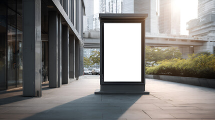 A blank billboard stands on a tilepaved city street surrounded by urban architecture