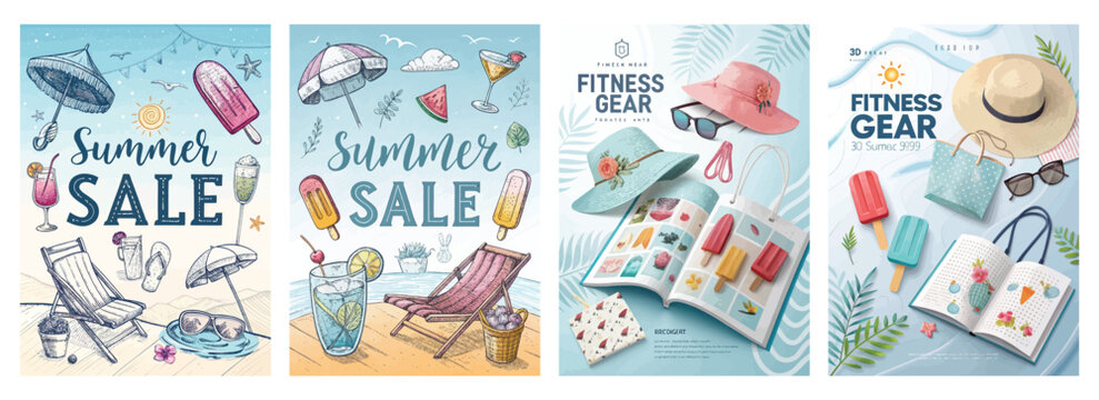 Colorful summer sale posters featuring playful illustrations and vibrant beach-themed elements.