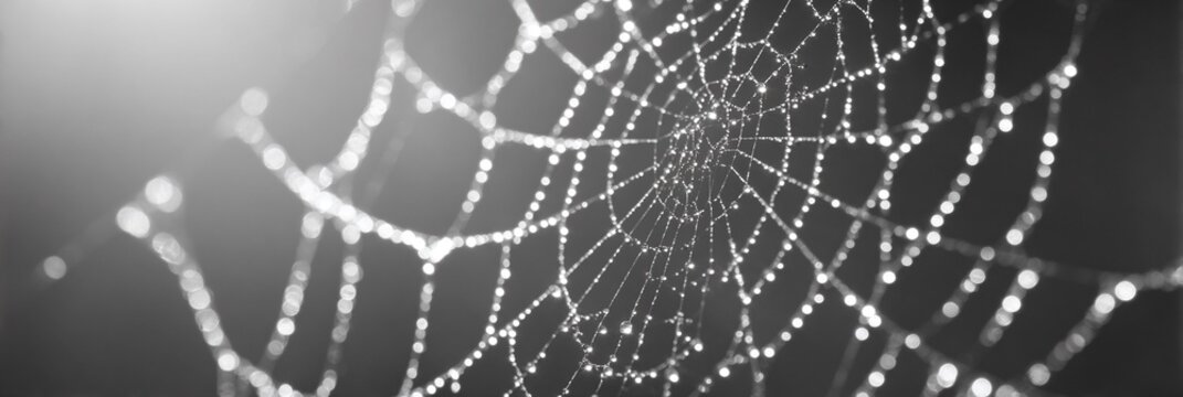 Ragnatela con gocce d'acqua scintillanti in primo piano, un disegno intricato e delicato.