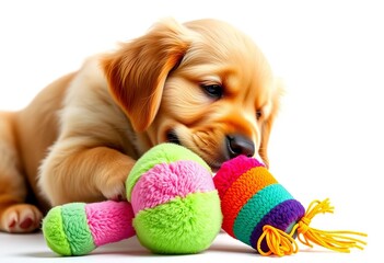 Golden retriever puppy playfully bites colorful plush toy, white background, chewing, adorable