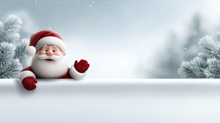 Festive Santa Claus emerging joyfully from snowy landscape in winter