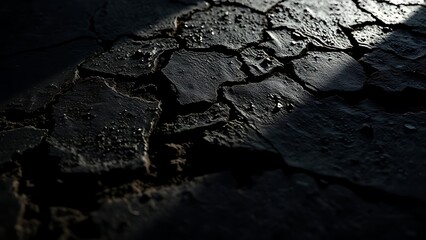 Close-up of rugged black concrete surface with dramatic shadows, an abstract texture study.