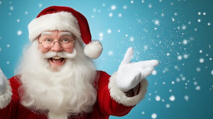 Santa Claus joyfully spreads holiday cheer with snowflakes around him
