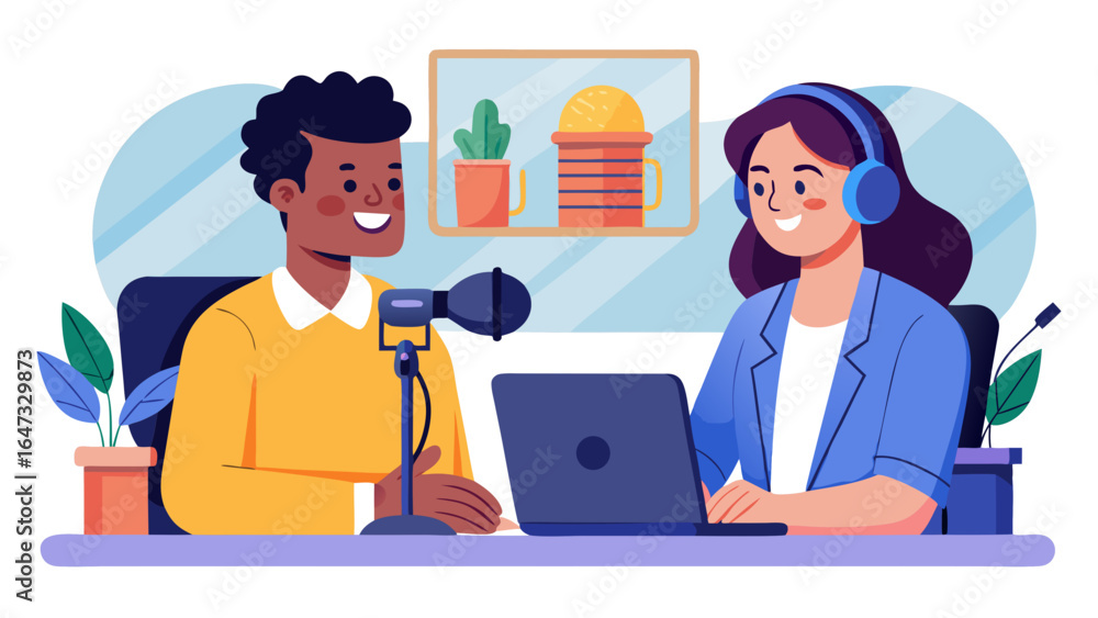 Poster a man and a woman are sitting at a table with a microphone in front of them. the man is typing on a 