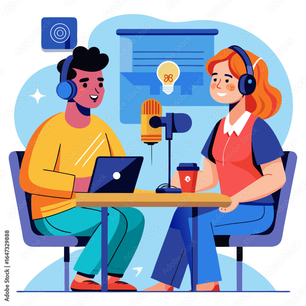 Poster a man and a woman are sitting at a table with a microphone in front of them. the man is typing on a 