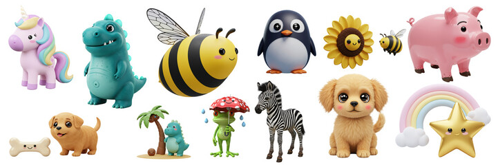 Fototapeta premium Playful 3D Animals and Fantasy Characters Collection for Fun and Creative Projects