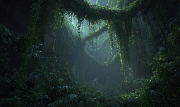 Foresta pluviale tropicale lussureggiante e misteriosa con liane e vegetazione fitta, atmosfera umida.