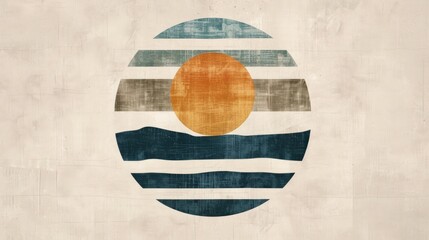 Abstract features a half-circle sun rising above horizontal stripes, representing the sea, set against a soft background