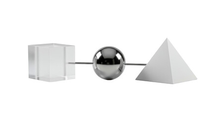 Photorealistic studio still life of a polished chrome sphere, frosted acrylic cube, and matte white pyramid on a reflective white surface, seamless background, high-key lighting, concept of strategic