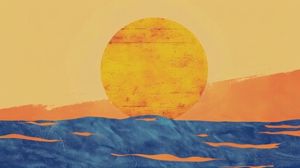 Llarge half-circle sun in yellow taking up the top half of the composition. Blue horizontal stripes at the bottom represent water, all on a warm orange background