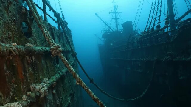 Underwater Shipwrecks of Zenobia, Mystical Marine Scene with Sunken Vessels, Lost in Time: Shipwrecks beneath the Waves