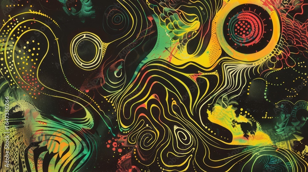 Poster the image showcases an abstract, psychedelic design with intricate patterns and bold shapes