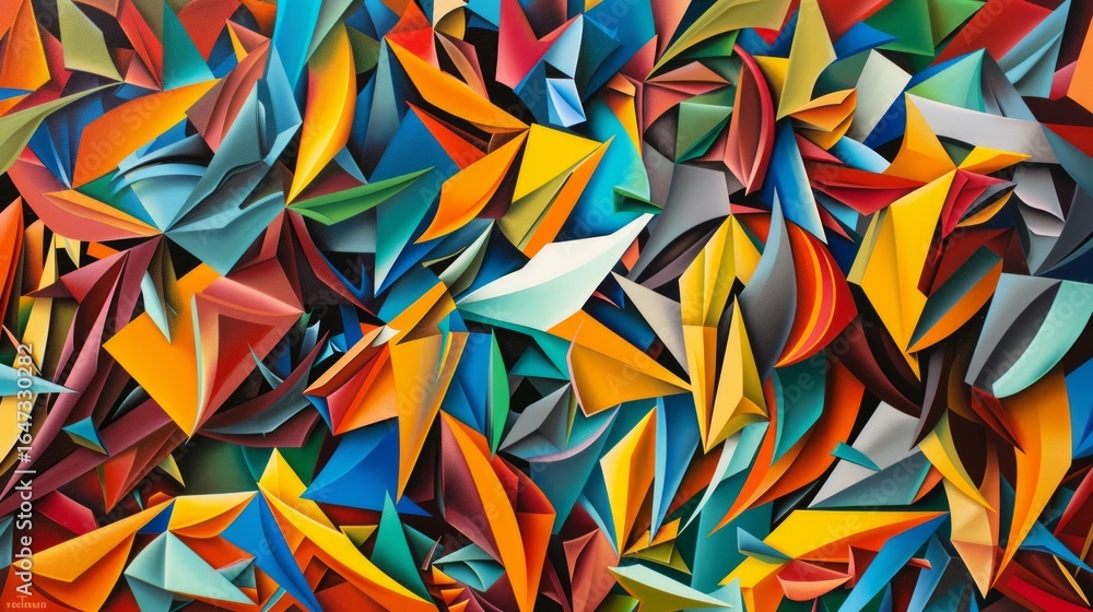 Poster The image showcases a vibrant and abstract geometric pattern filled with sharp, angular shapes