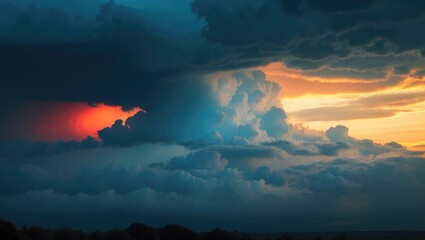 Fototapeta premium Dark storm clouds with a hint of sunset light, dramatic sky, weather, nature.