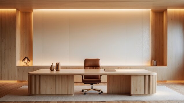 A modern office workspace with a large desk, leather chair, and warm wooden accents, creating a sleek and professional environment.