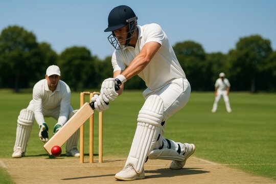 Batsman playing defensive shot on a well-maintained cricket pitch beneath a cloudless sky, embodying the principles of sportsmanship and strategic play in cricket.