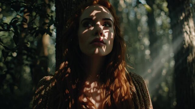 A young woman stands in a magical forest illuminated by dappled sunlight filtering through the trees creating an enchanting atmosphere.
