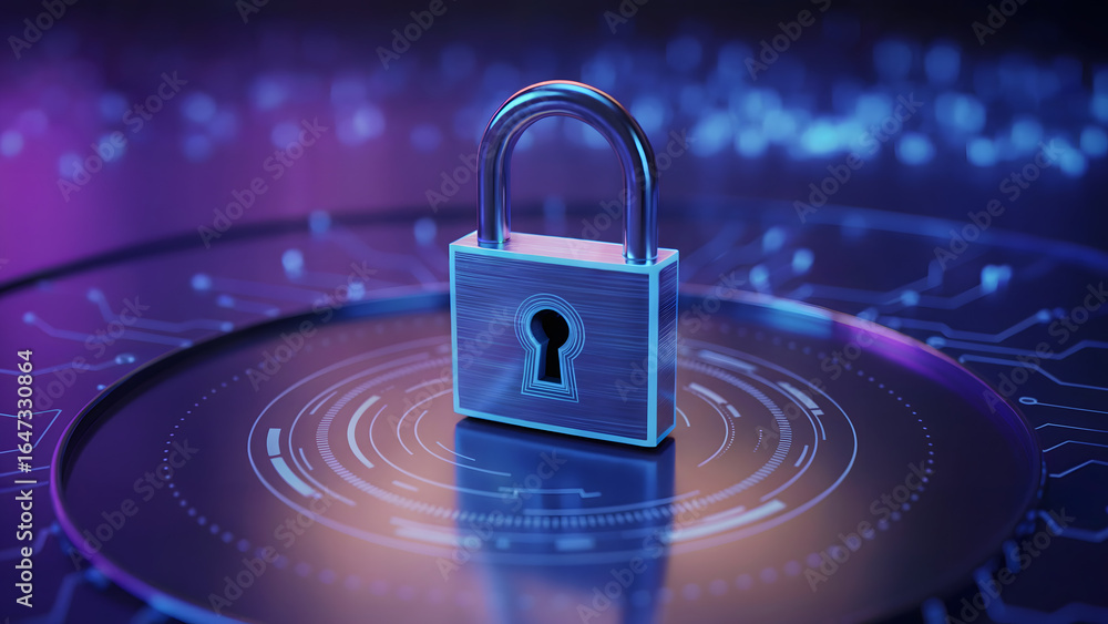 Poster a metallic padlock centered on a circular platform with blue and purple digital background elements