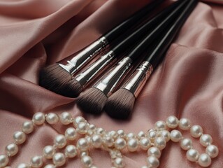 Elegant Flat Lay of Pearls Makeup Brushes and Fashion Notes on Silk