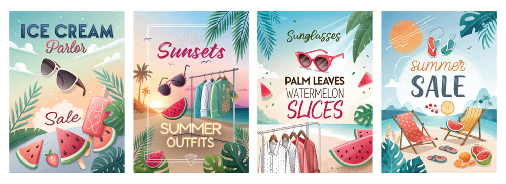Vibrant summer-themed graphics featuring ice cream, watermelons, and beachwear promotions.