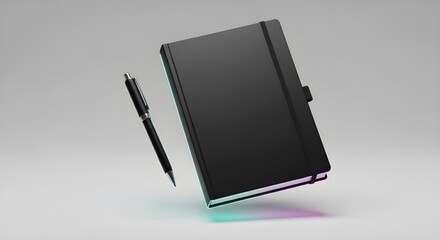 &ldquo;Floating Journal and Pen Mockup &ndash; Black Full Block, Minimalist Blank Cover, Neon Gradient Edges, Transparent Background, Premium Stationery Showcase&rdquo;
