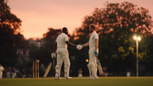 Cricketers exchange handshakes on the field as the sun sets, with stumps and trees evident in the background, representing the idea of sportsmanship and camaraderie.