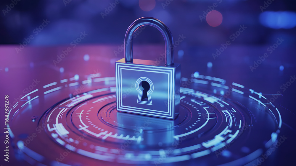Poster a padlock on a digital interface with blue and purple lighting to represent cyber security concepts