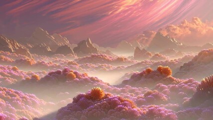 Explore a breathtaking fantasy landscape filled with vibrant flora and ethereal colors that evoke tranquility and wonder.