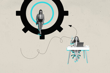 Image pop 3d zine full collage of serious business partners old boss woman sit workplace arrow...