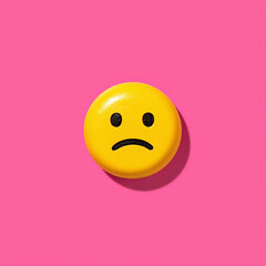 Fototapeta premium Minimalist sadness and emotional vulnerability concept, yellow sad face emoji on vibrant pink background 