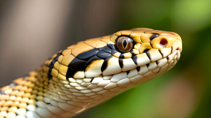 Obraz premium Close-up of Yellow and Black Snake Head in Nature
