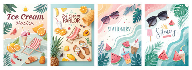 Colorful summer-themed illustrations featuring ice cream, stationery, and tropical elements.