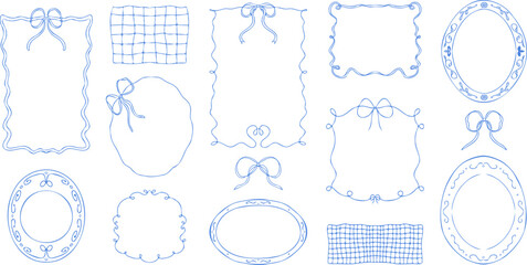 Doodle hand drawn frames with wavy lines, bows and ribbons. Minimalist simple line art. Trendy vintage whimsical borders for wedding invitations, birthday card, prints. Vector modern illustration.