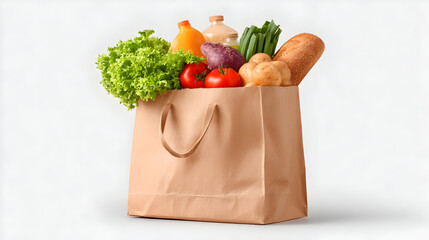Stock up on wholesome goodness with this full brown paper grocery bag brimming with fresh bread, vibrant produce, and a refreshing drink. Perfect for healthy eating inspiration.