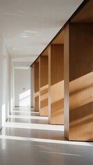 Modern Corridor with Wooden Shelving Units and Natural Light
