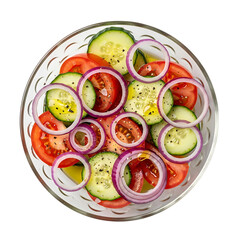 Fresh tomato, cucumber and onion salad in a glass bowl isolated on transparent background