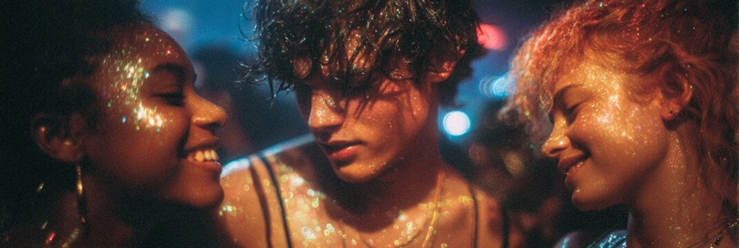 Giovani con glitter e luci soffuse, un momento di gioia e connessione in un ambiente festoso.
