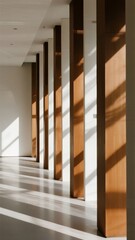 Fototapeta premium Sunlight Filtering Through Wooden Pillars in a Modern Hallway