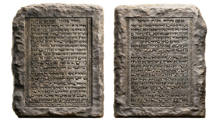 The Ten Commandments on two stone tablets, a holy artifact from the Old Testament bible, God's divine law given to Moses on Mount Sinai, a sacred symbol of faith and religion isolated on white.