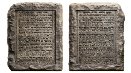 The Ten Commandments on two stone tablets, a holy artifact from the Old Testament bible, God's divine law given to Moses on Mount Sinai, a sacred symbol of faith and religion isolated on white.