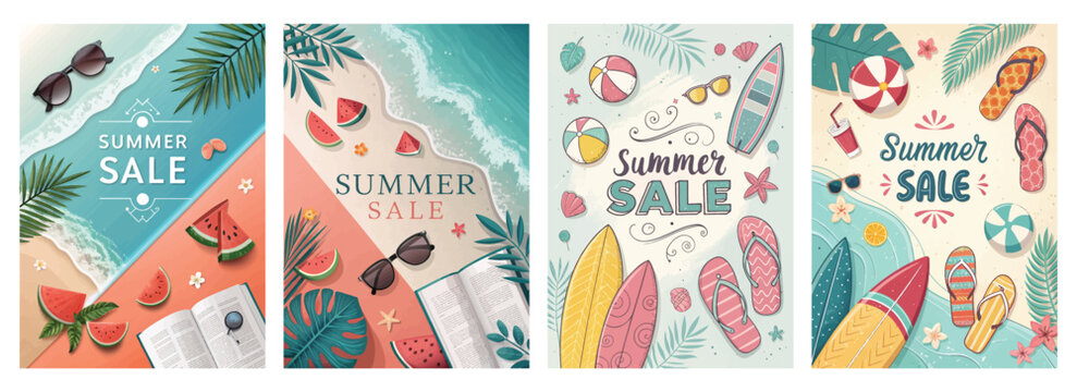 Colorful summer sale banners featuring beaches, sunglasses, and tropical elements designed for a vibrant promotion.