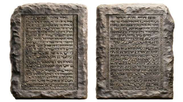 The Ten Commandments on two stone tablets, a holy artifact from the Old Testament bible, God's divine law given to Moses on Mount Sinai, a sacred symbol of faith and religion isolated on white.