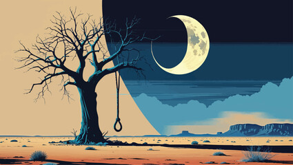 Barren Tree Sentinel: Full Moon in a Desert Landscape