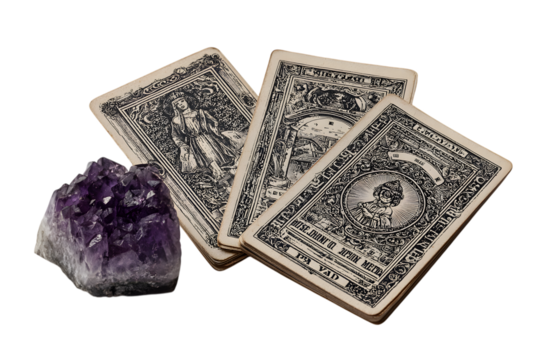 vintage tarot cards with amethyst crystal. Witchy Prop PNG Isolated on transparent for Halloween and Magical Fantasy Decor - Powered by Adobe
