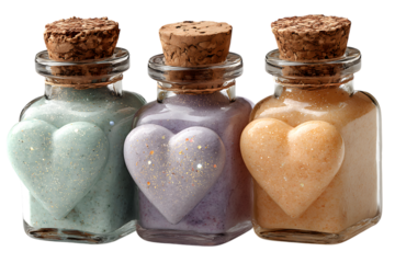 glass potion bottles filled with tiny sparkles inside, Halloween witchy desk prop, cute pastel style. isolated on transparent background with clipping path 