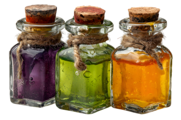 glass potion bottles filled with glowing liquids in purple, green, and orange, Halloween witchy desk prop 