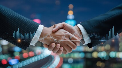Businessmen shaking hands, financial growth, city lights, modern partnership, successful deal, night scene, stock market success.